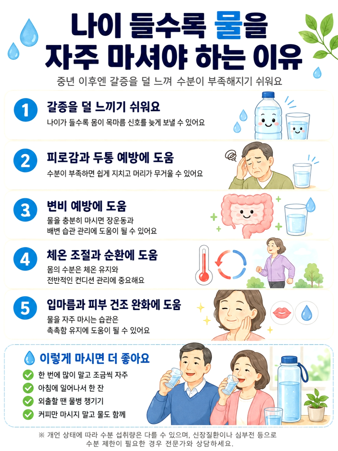 야간뇨를 줄이기 위해 저녁 시간대 수분 섭취량을 조절하는 모습